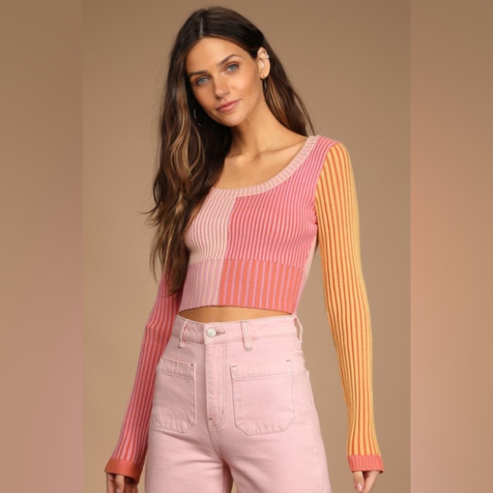 Lulus Meant to be Mod Pink Color Block Ribbed Long Sleeve Crop Top M